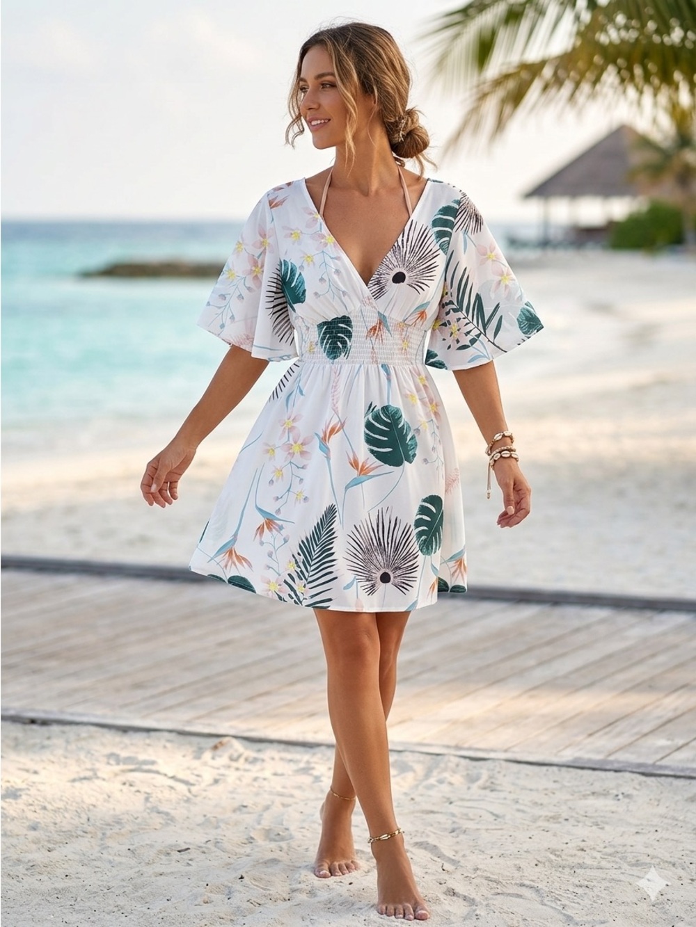 CUPSHE White Tropical Floral Smocked Waist Swimsuit Cover Up Dress Size S